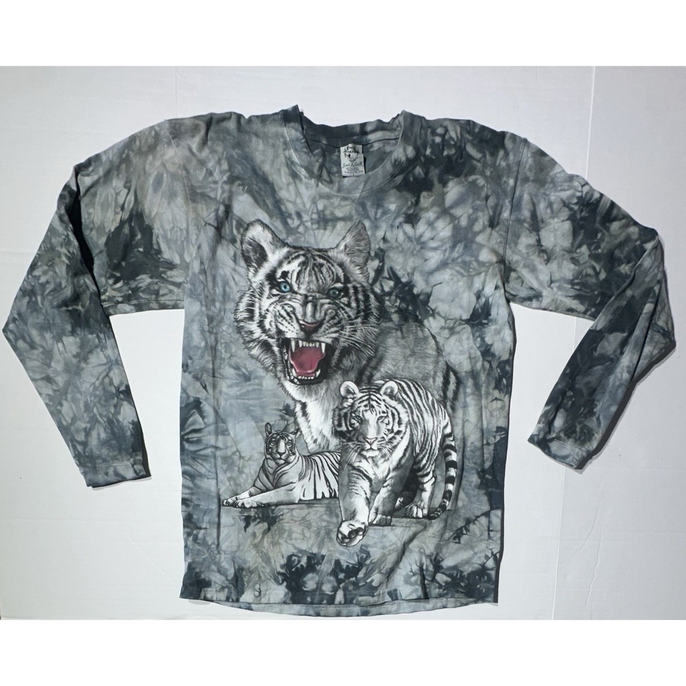 90s White Tiger T Shirt Large Gray Tie Dye‎ Long Sleeve